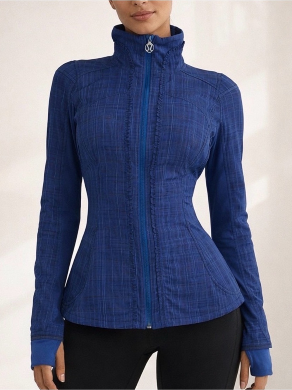 Lululemon Blue Fitted Zip Jacket Ruffle Detail Thumbholes